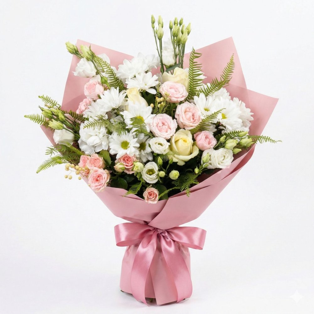 Букет цветов из: Розы, Лизиантусы и Хризантемы